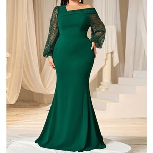 NWOT Faeriesty Asymmetrical Neck Lantern Sleeves Formal Mermaid Dress Sparkle 3X